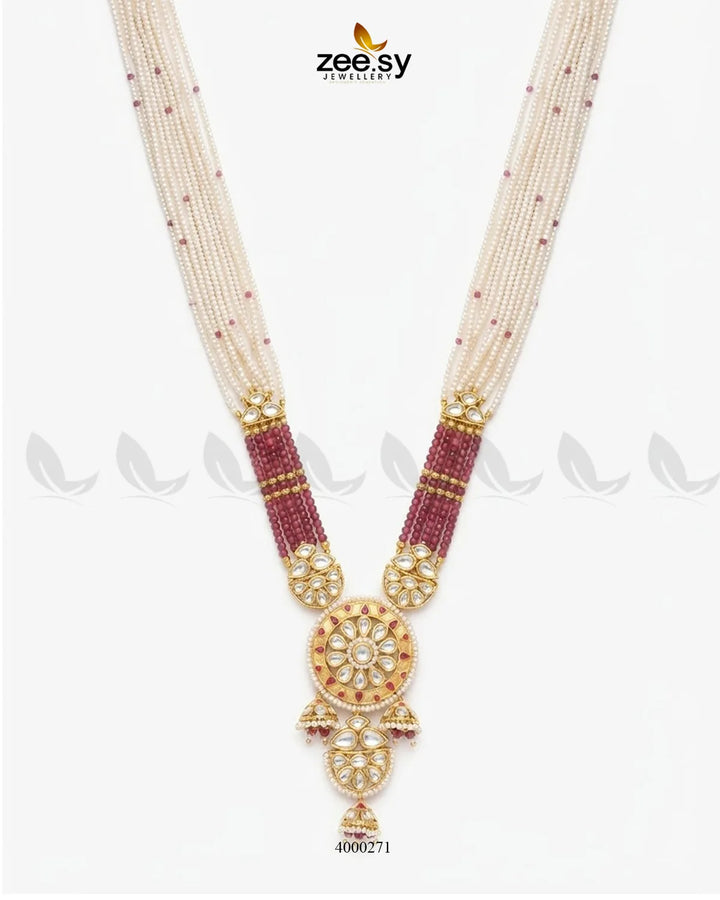 RHS09 Gleam beaded pearl malla necklace with intricate design and lustrous pearls, displayed on a neutral background.