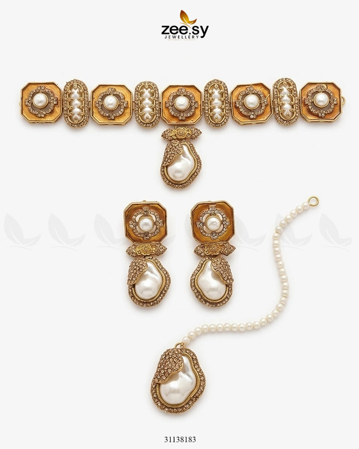 Glow Baroque Pearl Choker Set Champagne choker - Zeesy Jewellery Pakistan | Premium Artificial & Imitation Jewellery