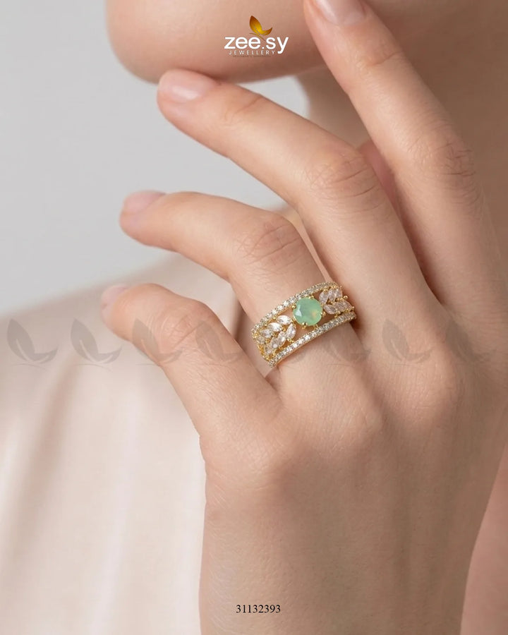 Golden Bloom Leaf Stone Ring Golden Mint Green Finger Ring - Zeesy Jewellery Pakistan | Premium Artificial & Imitation Jewellery