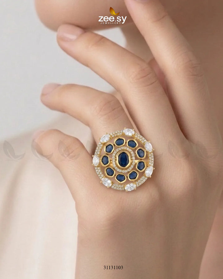 Golden Stunning Circle Crystal Ring Golden Blue Finger Ring - Zeesy Jewellery Pakistan | Premium Artificial & Imitation Jewellery