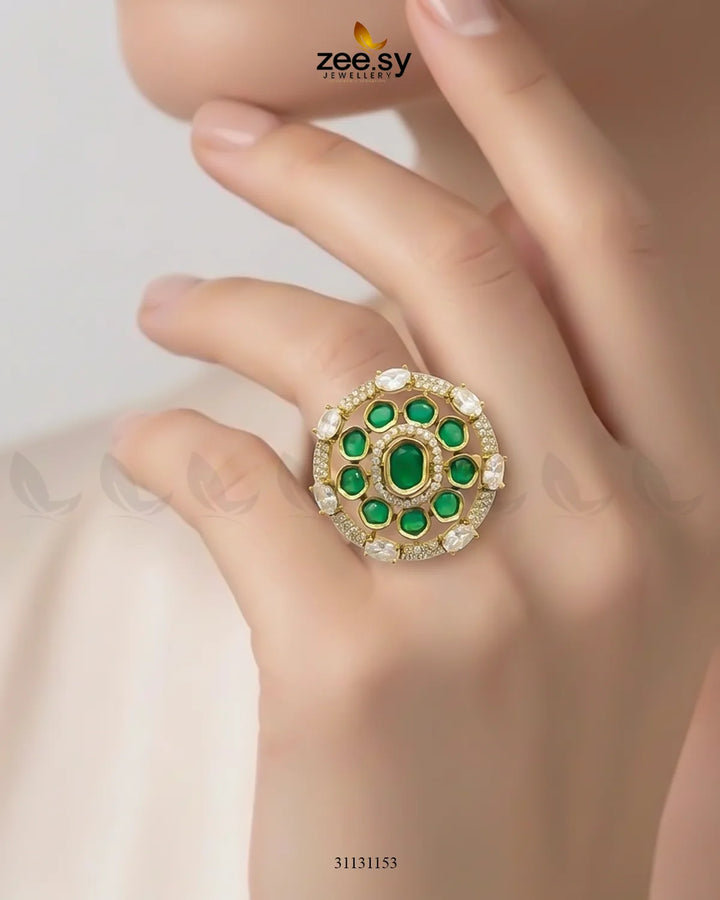 Golden Stunning Circle Crystal Ring Golden Green Finger Ring - Zeesy Jewellery Pakistan | Premium Artificial & Imitation Jewellery