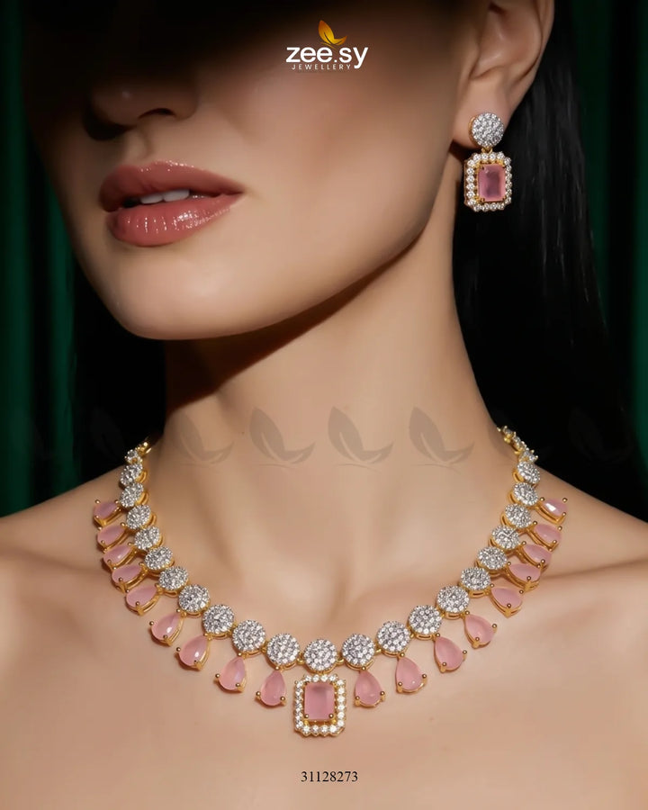 Golden Teardrop Zirconia Necklace Set Necklace Sets - Zeesy Jewellery Pakistan | Premium Artificial & Imitation Jewellery