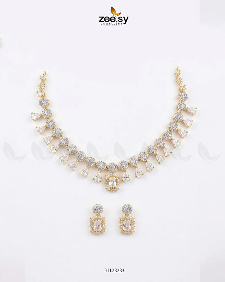 Golden Teardrop Zirconia Necklace Set Necklace Sets - Zeesy Jewellery Pakistan | Premium Artificial & Imitation Jewellery
