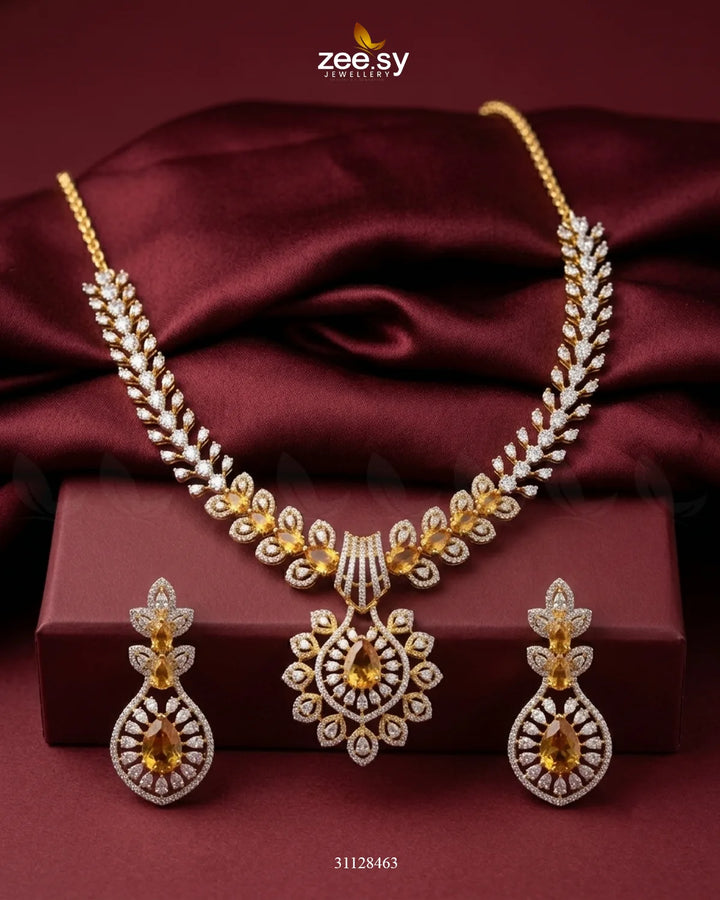 Golden Vine Zirconia Necklace Set Golden Champagne Necklace Sets - Zeesy Jewellery Pakistan | Premium Artificial & Imitation Jewellery