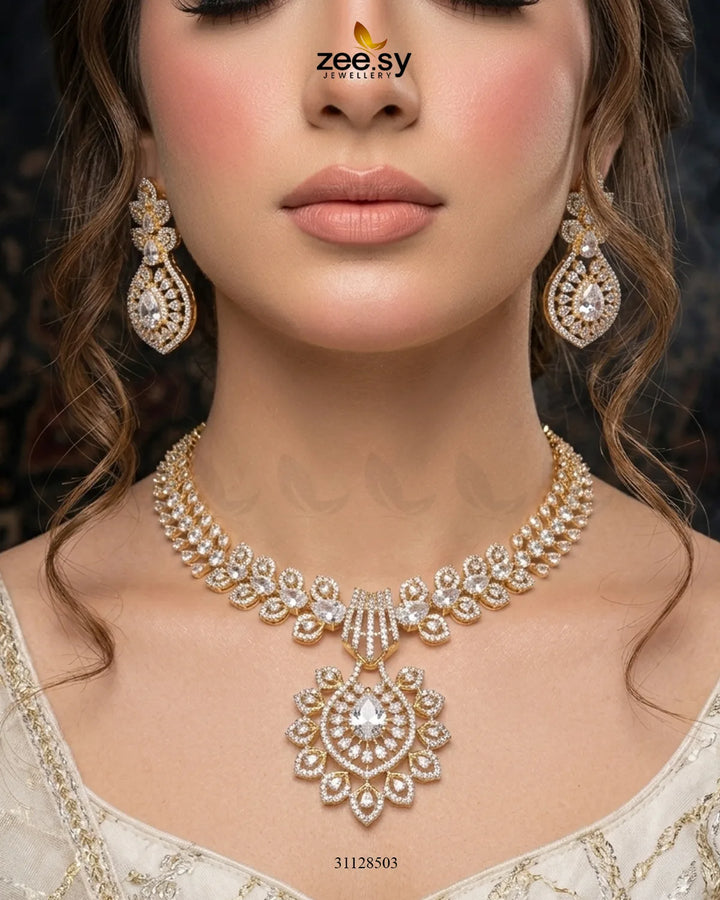 Golden Vine Zirconia Necklace Set Necklace Sets - Zeesy Jewellery Pakistan | Premium Artificial & Imitation Jewellery