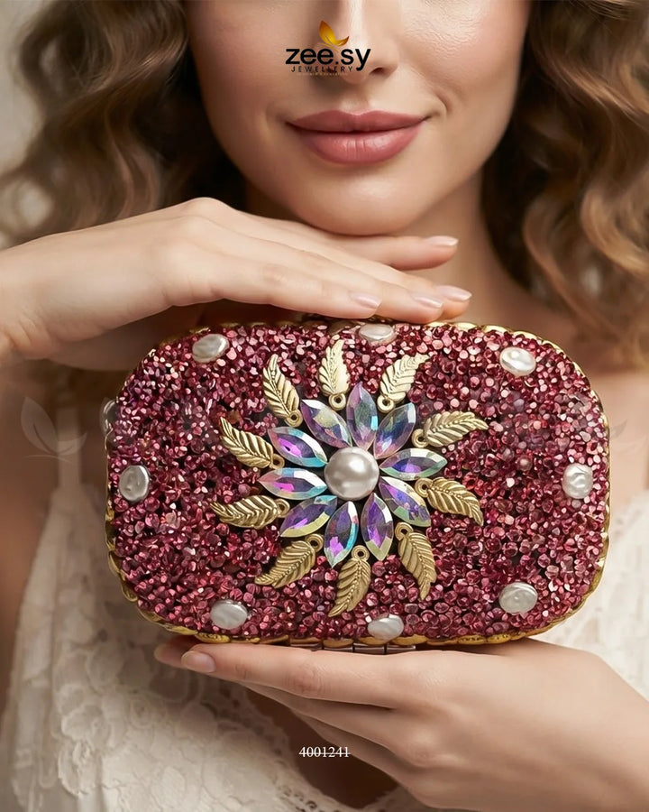 Handcrafted Kundan Floral Clutch Bag ACCESSORIES - Zeesy Jewellery Pakistan | Premium Artificial & Imitation Jewellery