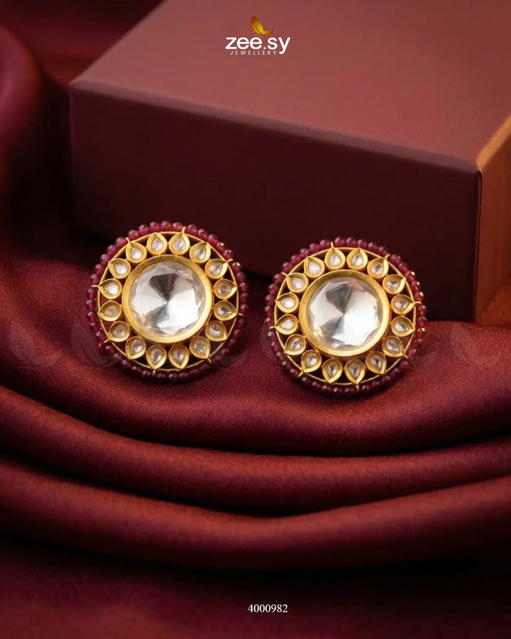 Hazel Beaded Circular Kundan Earrings Golden Ruby Earrings - Zeesy Jewellery Pakistan | Premium Artificial & Imitation Jewellery
