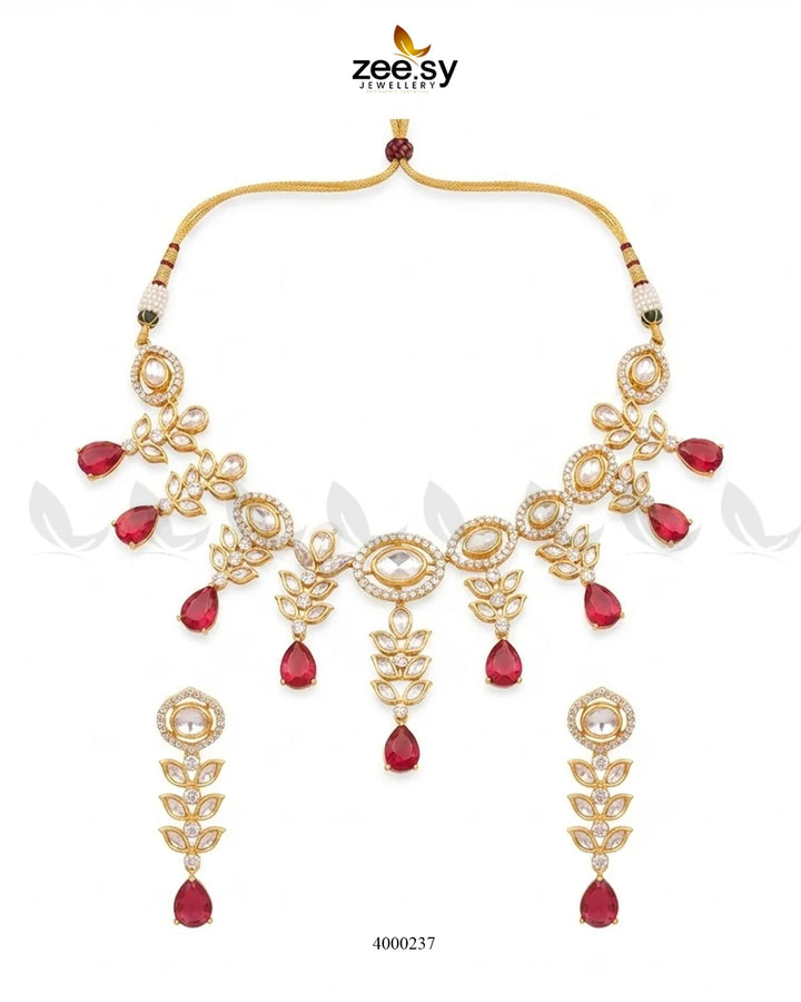 Red Jasper Droplet Polki Necklace Set from RHS09 featuring a traditional jewelry design with a central droplet pendant and matching earrings.