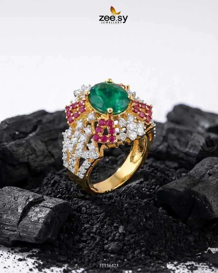 Klyra Gemstone Bold Stone Ring Golden Ruby & Green Finger Ring - Zeesy Jewellery Pakistan | Premium Artificial & Imitation Jewellery