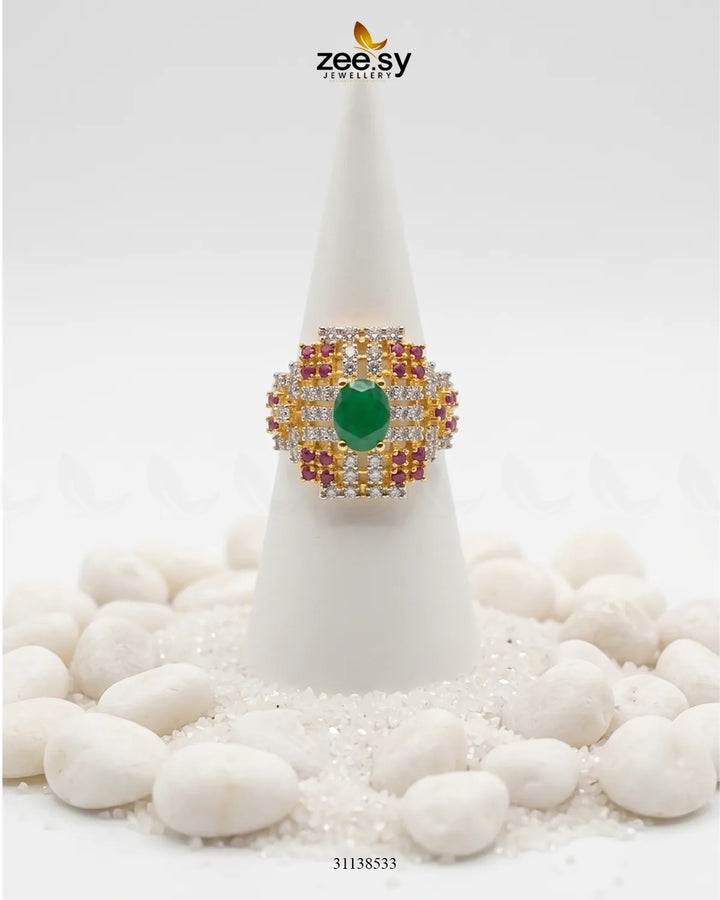 Majestic Heritage Statement Ring Golden Ruby & Green Finger Ring - Zeesy Jewellery Pakistan | Premium Artificial & Imitation Jewellery