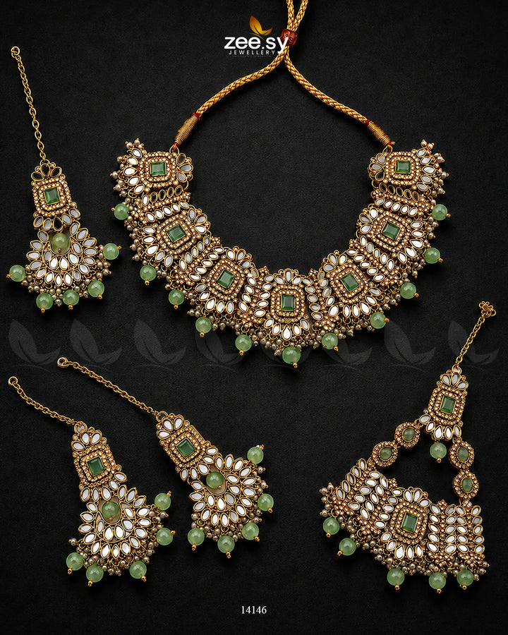 Elegant Maryam Bridal Set by AJ03 featuring mint-colored jewelry with intricate design details for wedding or special occasions.