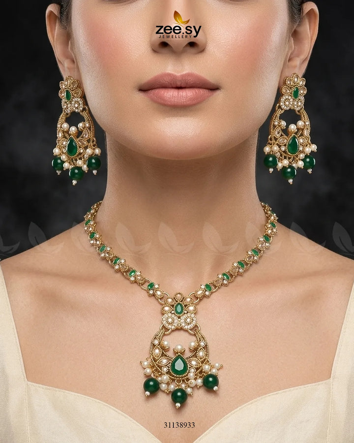 Moon Pearl Stone Necklace Set Golden Green Necklace Sets - Zeesy Jewellery Pakistan | Premium Artificial & Imitation Jewellery