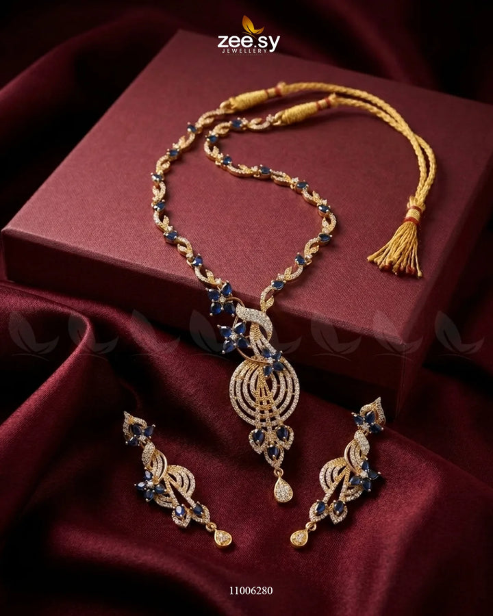 Nova Wave Zirconia Necklace Set GoldenBlue Necklace Sets - Zeesy Jewellery Pakistan | Premium Artificial & Imitation Jewellery