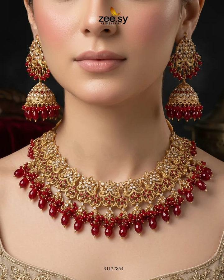 Nectarine Bloom Gems Bridal Set Bridal Set - Zeesy Jewellery Pakistan | Premium Artificial & Imitation Jewellery