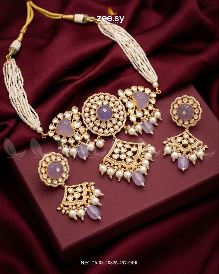 Noor Kundan Pearl Choker Set Golden Mint Pink & Purple choker - Zeesy Jewellery Pakistan | Premium Artificial & Imitation Jewellery