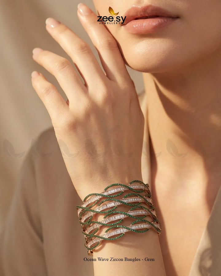 Ocean Wave Zircon Bangles - Green BANGLES - Zeesy Jewellery Pakistan | Premium Artificial & Imitation Jewellery