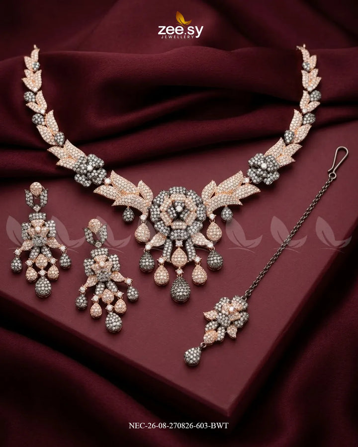Ocean Zirconia Necklace Set - Black Black Rose White Necklace Sets - Zeesy Jewellery Pakistan | Premium Artificial & Imitation Jewellery