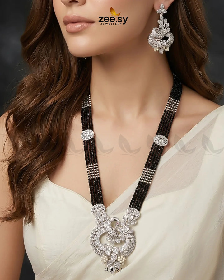 Black ornate peacock zircon mala necklace with intricate malla design from RHS09, showcasing detailed craftsmanship and elegant jewelry style.