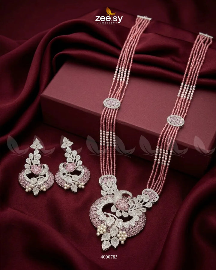 Pink ornate peacock zircon mala necklace with intricate malla design from RHS09, featuring detailed peacock motifs and sparkling stones.