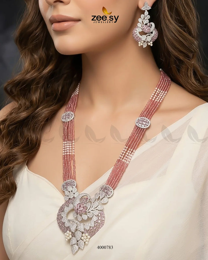 Pink ornate peacock zircon mala necklace with detailed malla design from RHS09, showcasing intricate craftsmanship and vibrant stones.