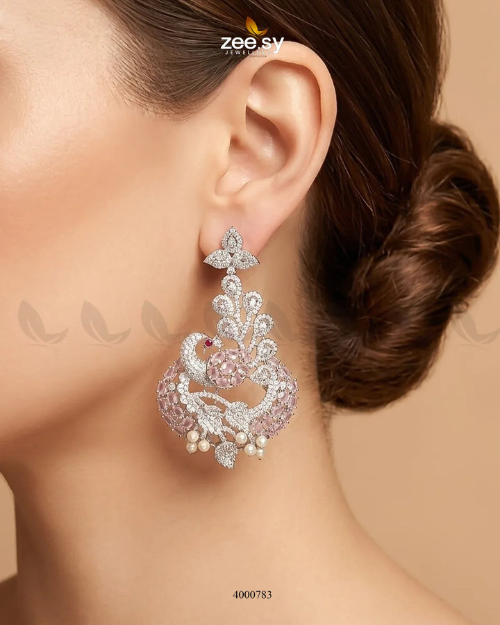Pink peacock zircon mala necklace from RHS09 with intricate malla design, featuring ornate peacock motifs and sparkling zircon stones.