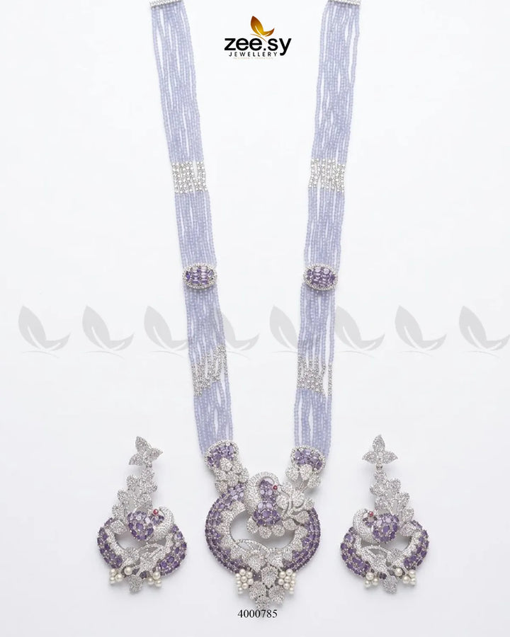 Elegant peacock zircon mala necklace with intricate malla design in purple, crafted by RHS09.