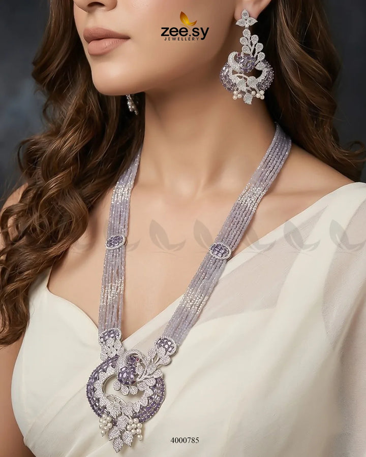 Purple ornate peacock zircon mala necklace set featuring intricate malla design, crafted by RHS09.