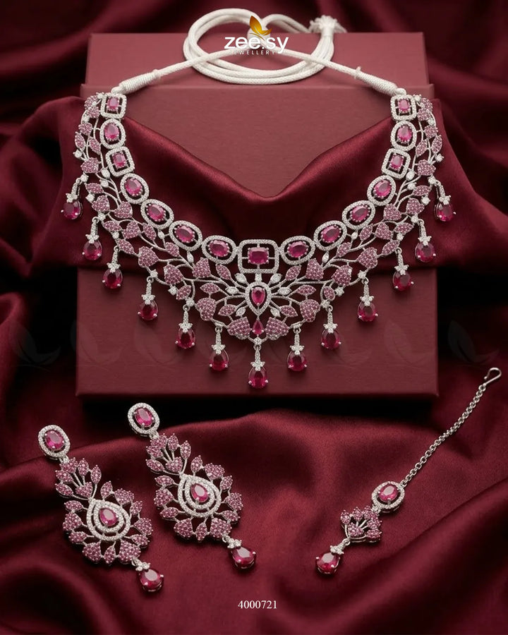Petal American Diamond Necklace Set Silver Ruby Necklace Sets - Zeesy Jewellery Pakistan | Premium Artificial & Imitation Jewellery