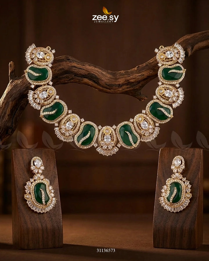 Precious Bold Gemstone Necklace Set Golden Green Necklace Sets - Zeesy Jewellery Pakistan | Premium Artificial & Imitation Jewellery