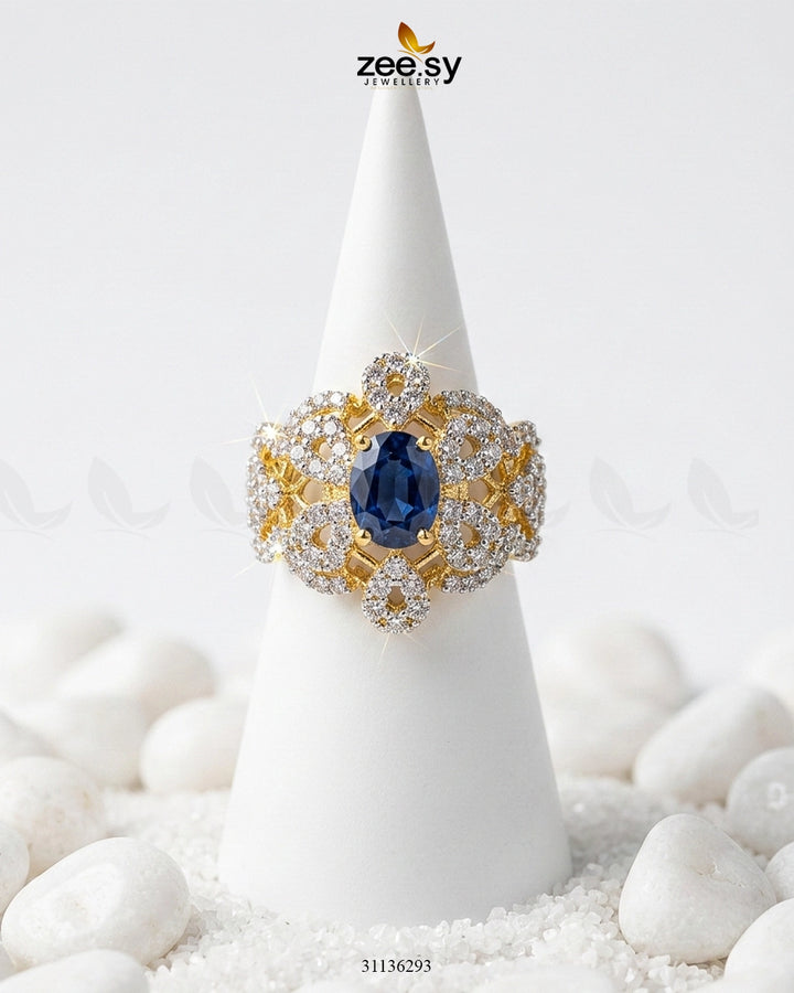 Queen’s Bold Stone Cluster Ring Golden Blue Finger Ring - Zeesy Jewellery Pakistan | Premium Artificial & Imitation Jewellery