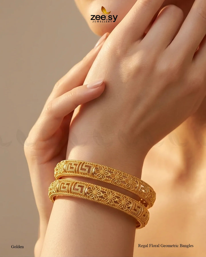 Regal Floral Geometric Bangles - Golden BANGLES - Zeesy Jewellery Pakistan | Premium Artificial & Imitation Jewellery