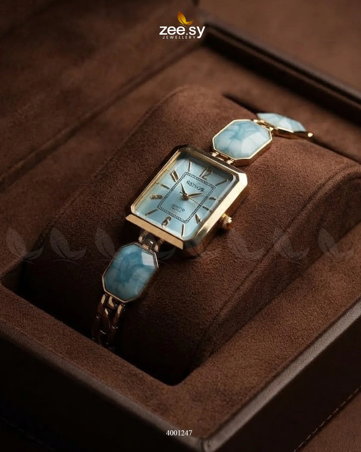 AJ03 retro square dial watch with sky blue face and silver-tone hands, featuring a vintage-inspired design.