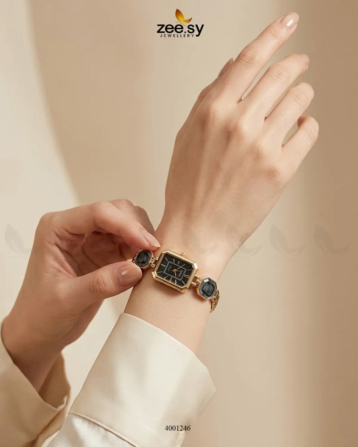 Black retro square dial watch from AJ03, showcasing a vintage-inspired design with a sleek square face and classic watch straps.