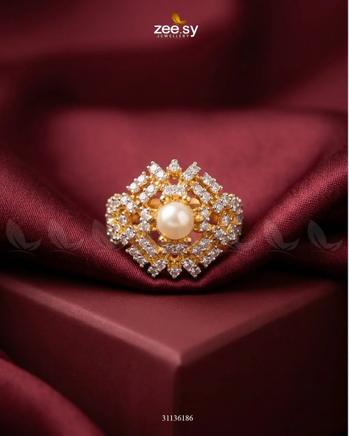 Royal Azure Cluster Ring Golden Pearl Finger Ring - Zeesy Jewellery Pakistan | Premium Artificial & Imitation Jewellery