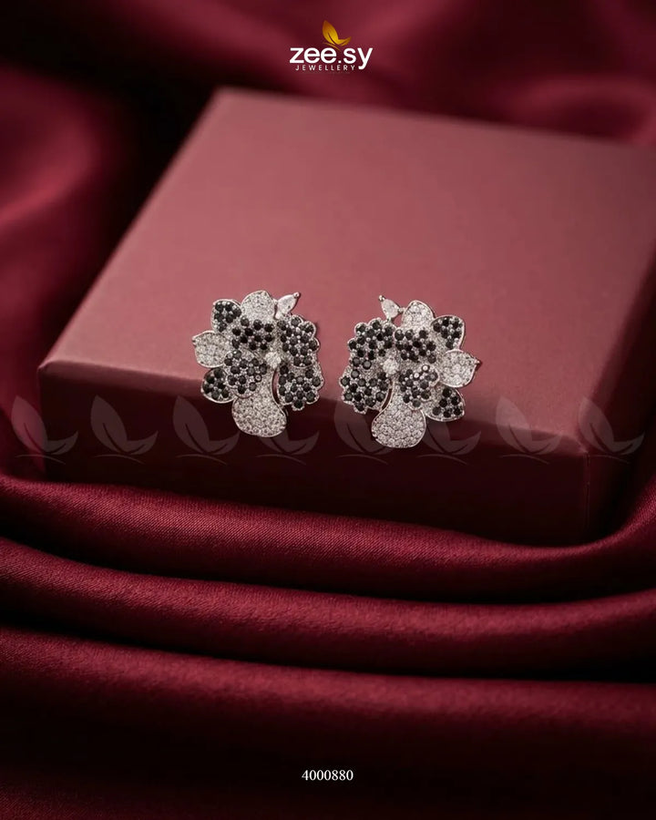 Sparkling AD Flower Earrings - Silver Silver Black Earrings - Zeesy Jewellery Pakistan | Premium Artificial & Imitation Jewellery