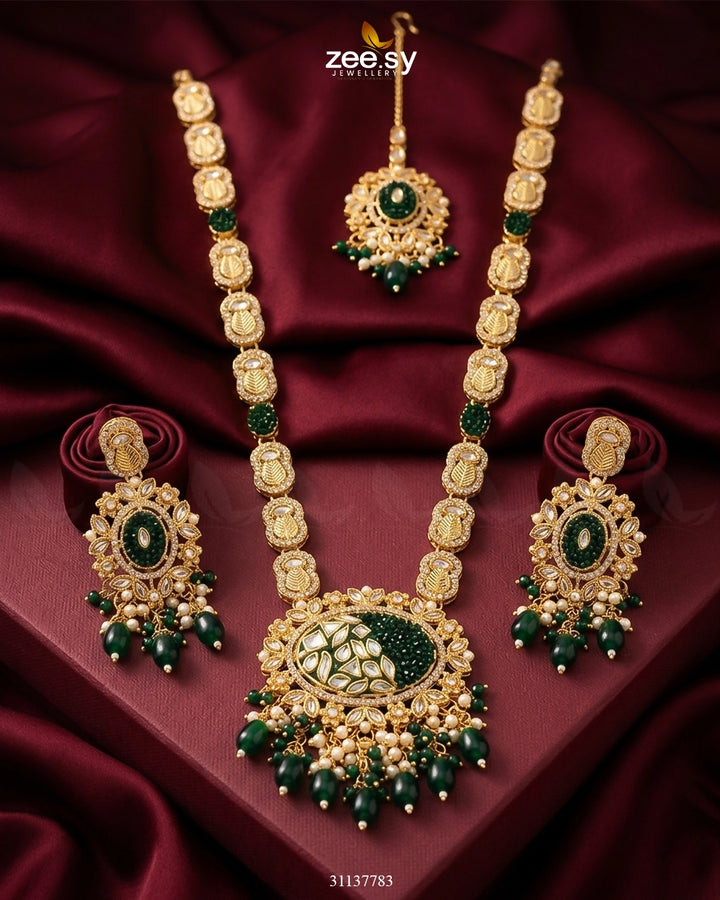Royal Kundan Malla Necklace Set Golden Green Malla Necklace - Zeesy Jewellery Pakistan | Premium Artificial & Imitation Jewellery