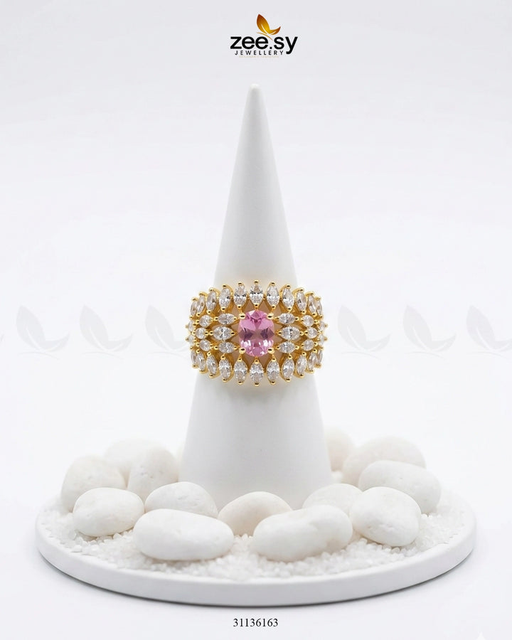 Sapphire Crown Gems Cluster Ring Golden Mint Pink Finger Ring - Zeesy Jewellery Pakistan | Premium Artificial & Imitation Jewellery
