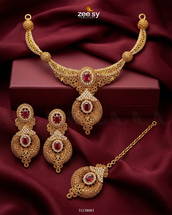 Shahi Gemstone Hasli Necklace Set Red Bridal Set - Zeesy Jewellery Pakistan | Premium Artificial & Imitation Jewellery