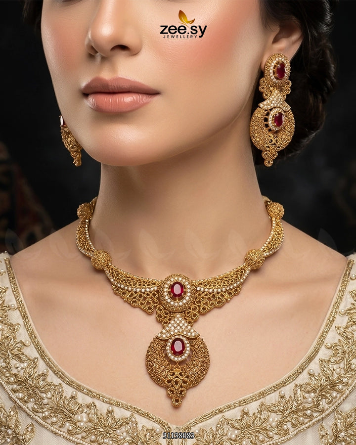 Shahi Gemstone Hasli Necklace Set Bridal Set - Zeesy Jewellery Pakistan | Premium Artificial & Imitation Jewellery