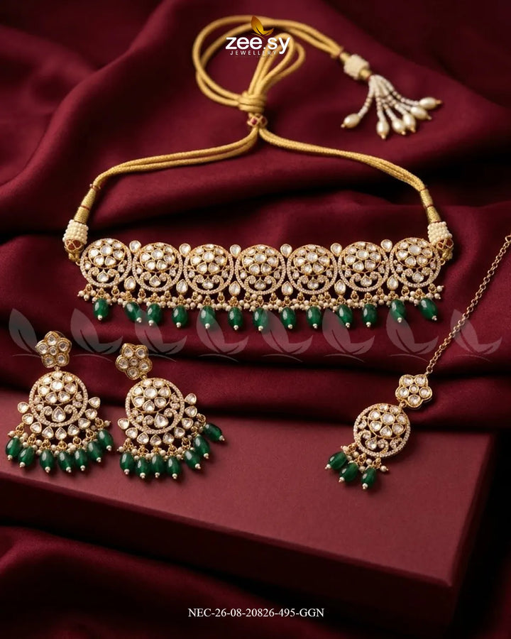 Sia Ornate Kundan Necklace Set Golden Green Necklace Sets - Zeesy Jewellery Pakistan | Premium Artificial & Imitation Jewellery