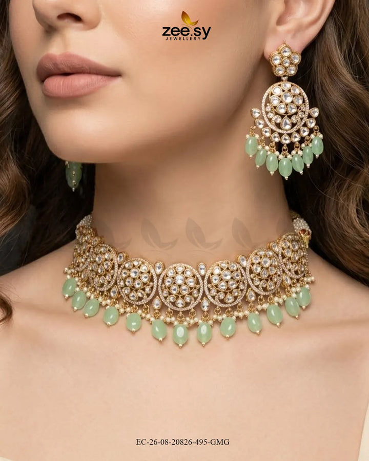 Sia Ornate Kundan Necklace Set Golden Mint Green Necklace Sets - Zeesy Jewellery Pakistan | Premium Artificial & Imitation Jewellery