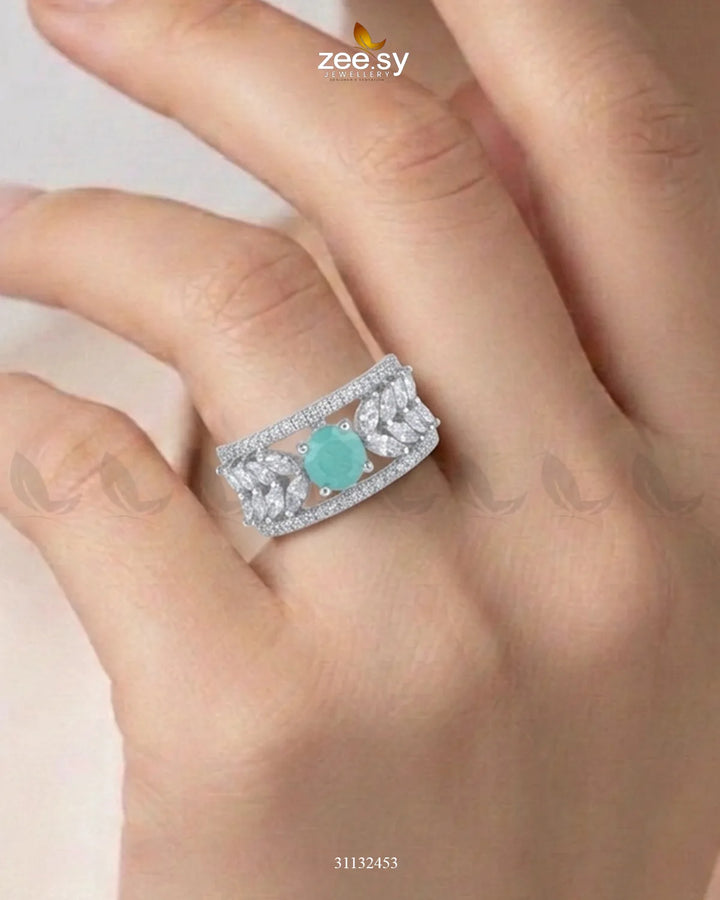 Silver Bloom Leaf Stone Ring Silver Mint Green Finger Ring - Zeesy Jewellery Pakistan | Premium Artificial & Imitation Jewellery