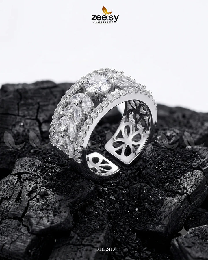 Silver Bloom Leaf Stone Ring Silver White Finger Ring - Zeesy Jewellery Pakistan | Premium Artificial & Imitation Jewellery