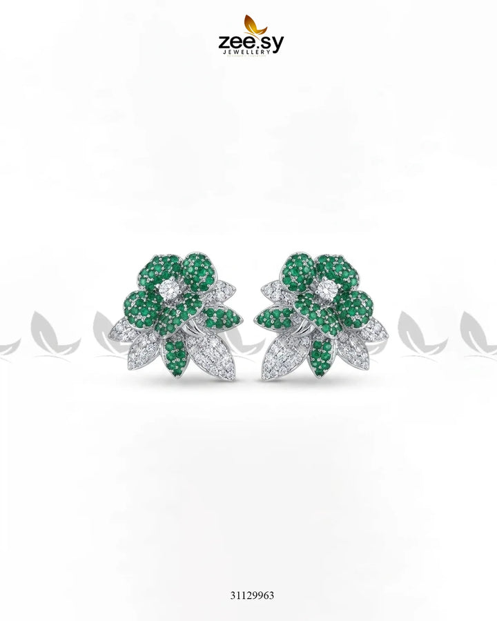 Silver Orchid Cluster Pave Earrings Silver Green Earrings - Zeesy Jewellery Pakistan | Premium Artificial & Imitation Jewellery
