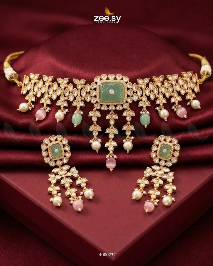 Solstice Carved Pearl Choker Set Golden Mint Pink & Green Necklace Sets - Zeesy Jewellery Pakistan | Premium Artificial & Imitation Jewellery