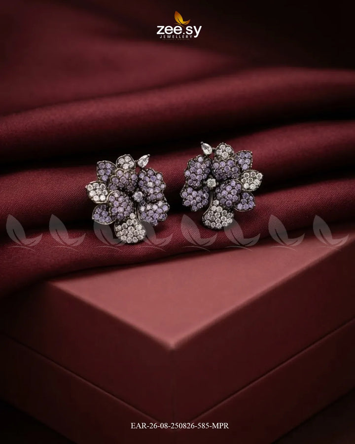 Sparkling AD Flower Earrings - Metallic Metallic Purple Earrings - Zeesy Jewellery Pakistan | Premium Artificial & Imitation Jewellery