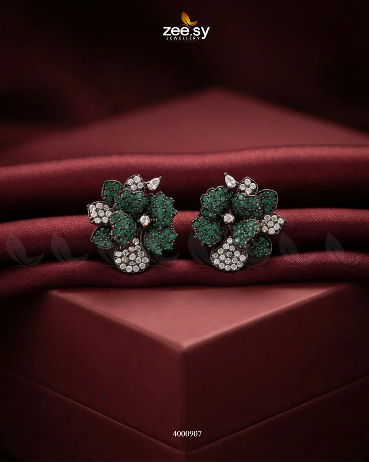 Sparkling AD Flower Earrings - Metallic Metallic Green Earrings - Zeesy Jewellery Pakistan | Premium Artificial & Imitation Jewellery