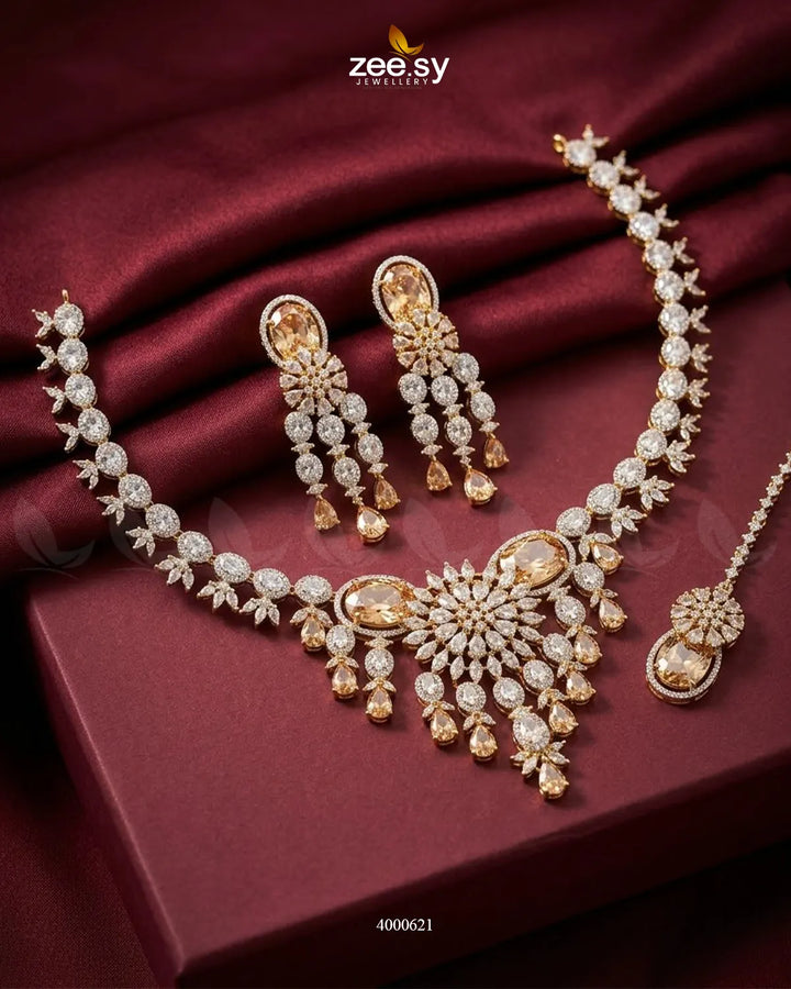 RHS09 sparkling American diamond necklace set with matching earrings in a classic jewelry design