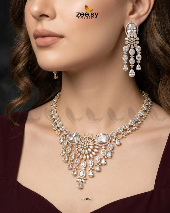 RHS09 sparkling American diamond necklace set in white, featuring a detailed necklace and matching earrings