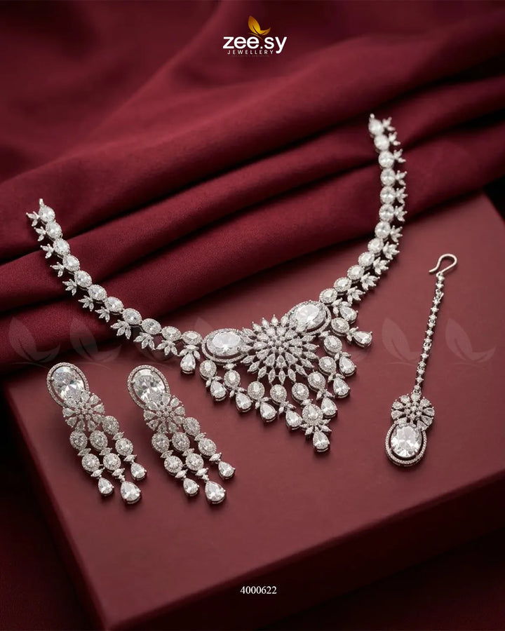 RHS09 sparkling American diamond necklace set in white with matching jewelry pieces